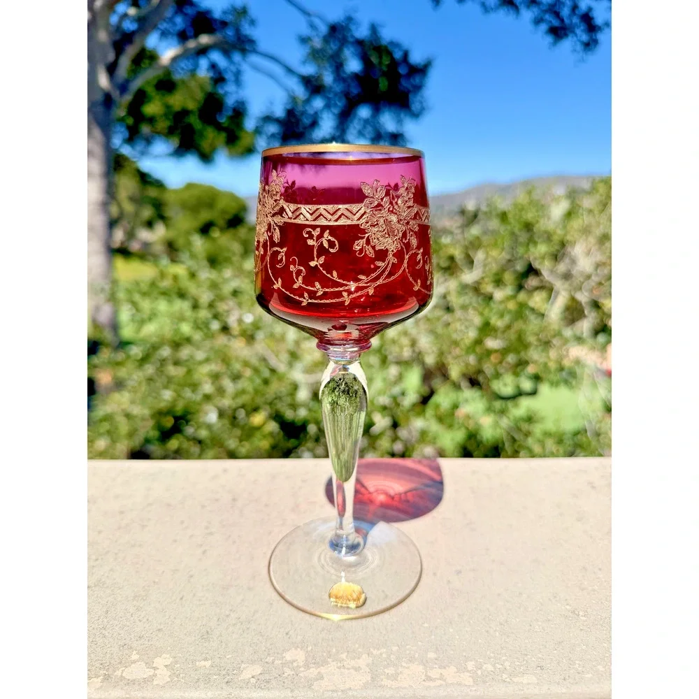 Antique Bohemian Cordial Glass Cranberry Etched Gold Gilt Czech Stemware 7.5